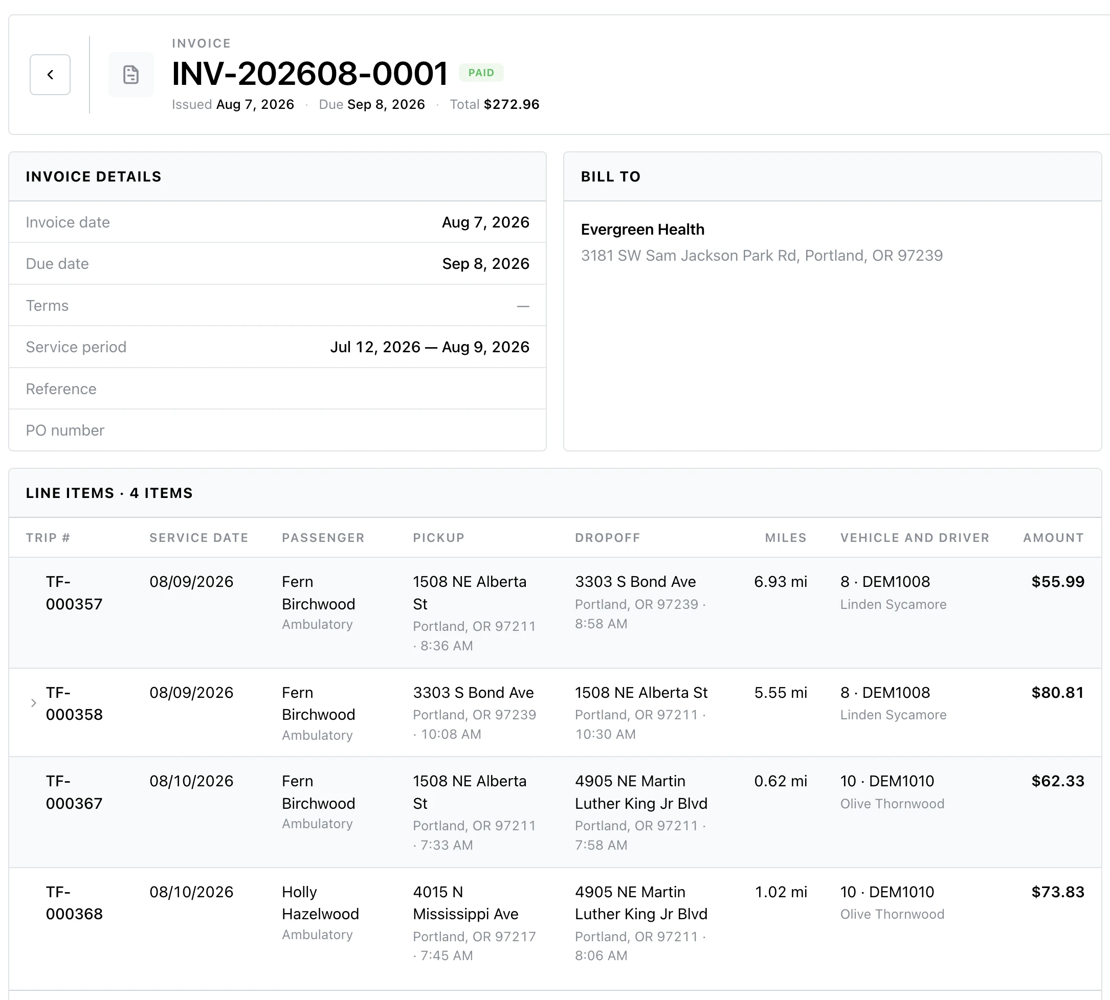 TripFlow paid invoice showing billing details and completed trip line items