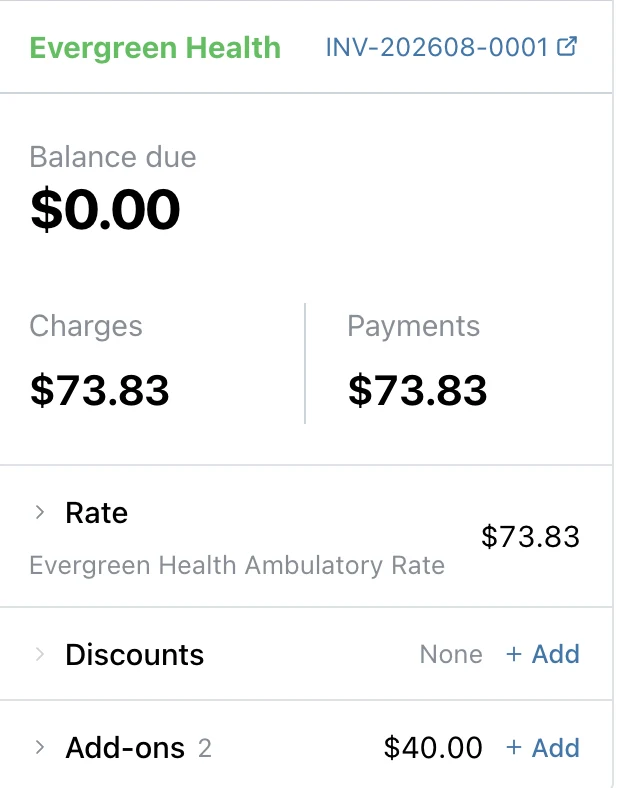 TripFlow billing summary showing the Evergreen Health invoice paid in full