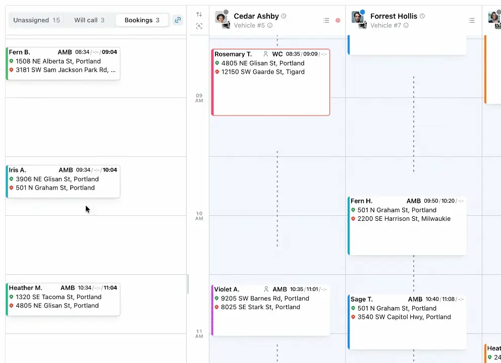 TripFlow booking queue shown alongside driver and vehicle schedules
