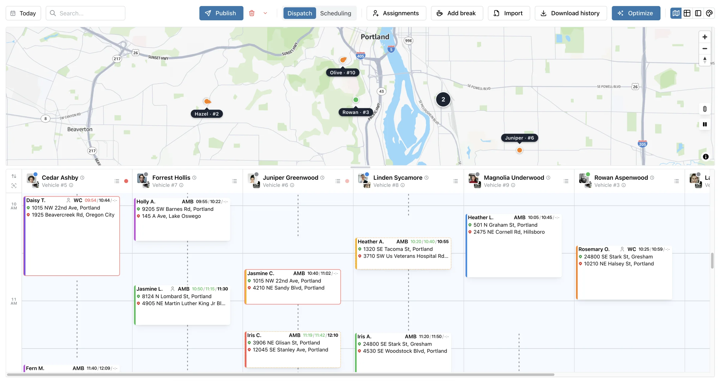 TripFlow dispatch screen showing a live Portland map above a multi-driver schedule