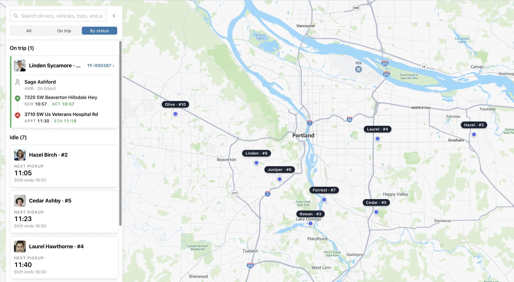 TripFlow live operations map showing driver status cards and vehicle locations across Portland
