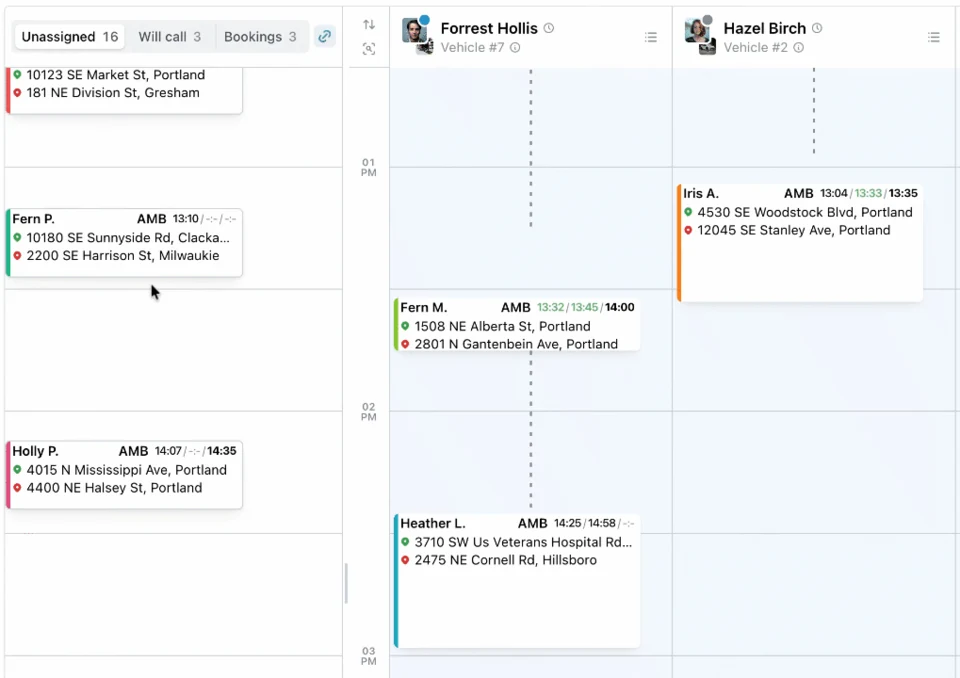 TripFlow scheduling board showing unassigned trips organized across drivers and vehicles