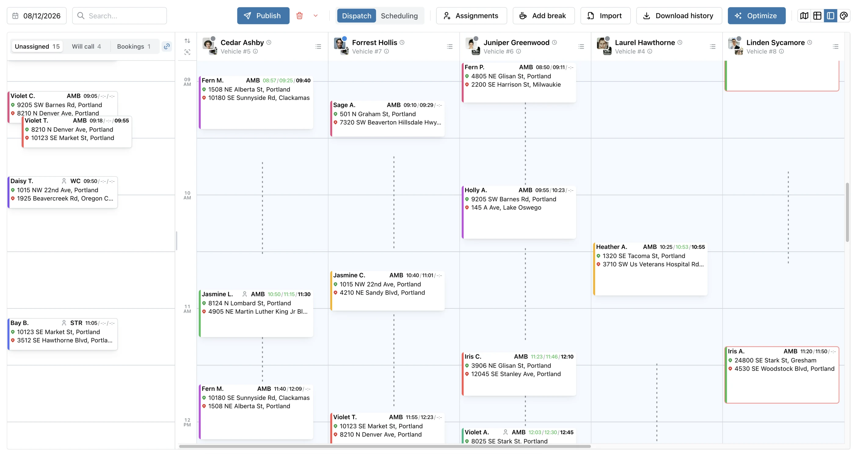 TripFlow scheduling screen showing unassigned trips, drivers, vehicles, and trips across the day